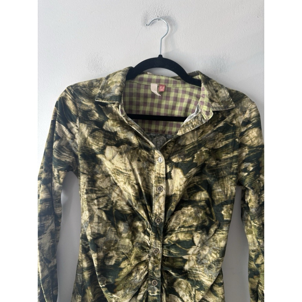 Anthropologie Pilcro Ruched‎ Corduroy Green Printed Mini Shirt Dress Size 0 - Picture 8 of 13